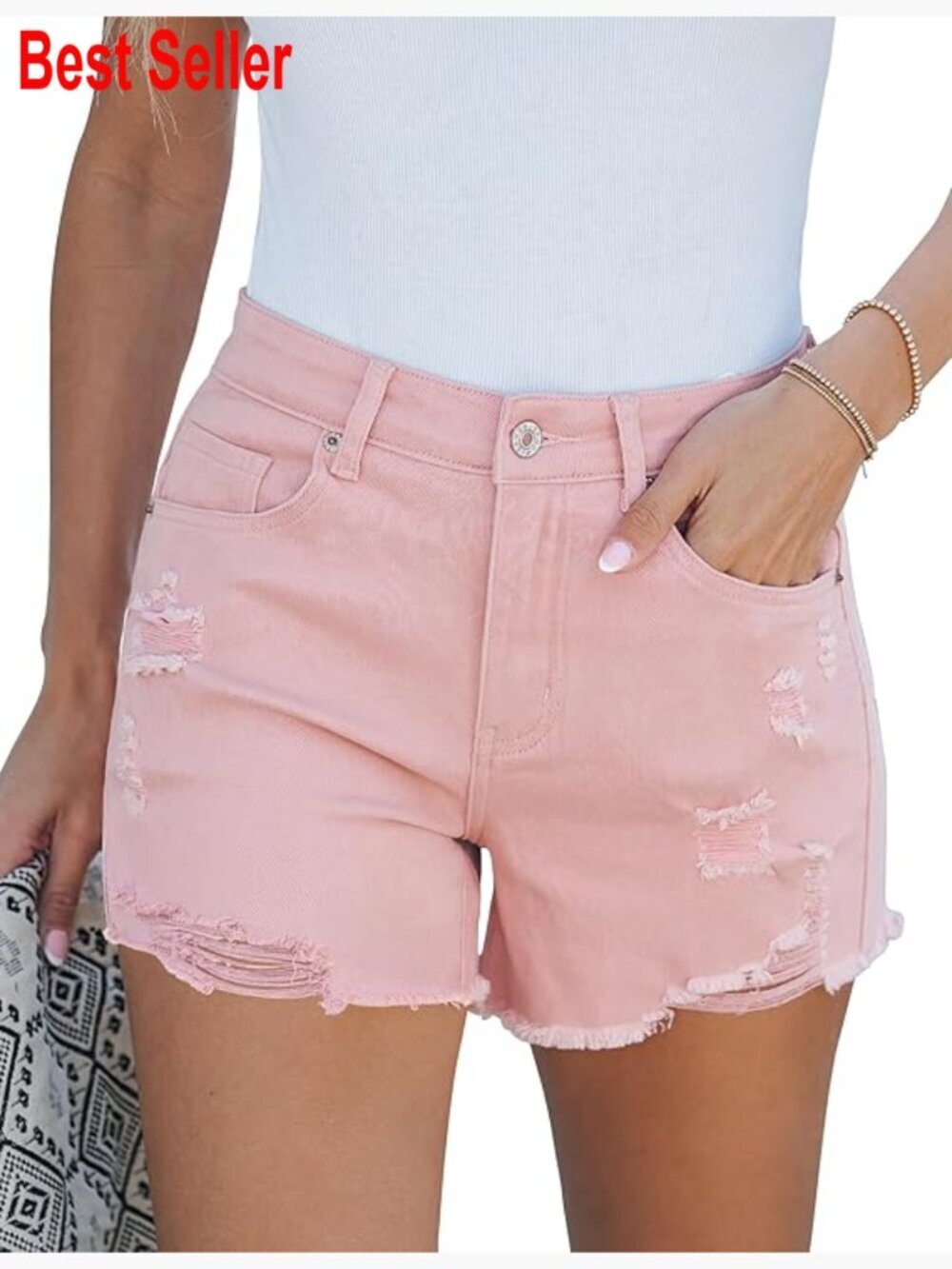 High Waisted Stretchy Distressed Denim Shorts with Raw Hem